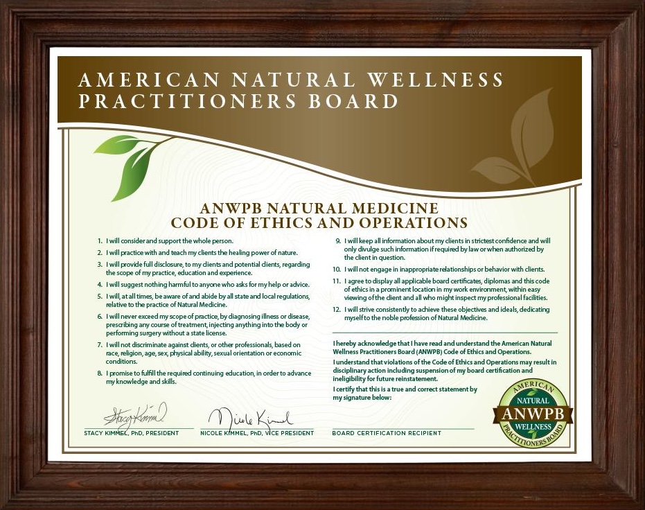 AANWP Code of Ethics - Natural Medicine Professional Standards and Operations Guidelines AANWP American Natural Wellness Practitioners Board Natural Medicine Code of Ethics and Operations official document with professional standards