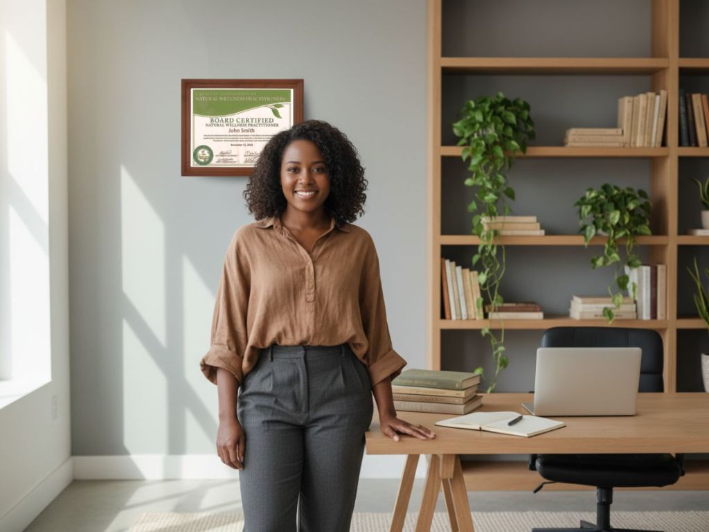 AANWP board certified natural wellness practitioner standing in professional office with certification displayed.