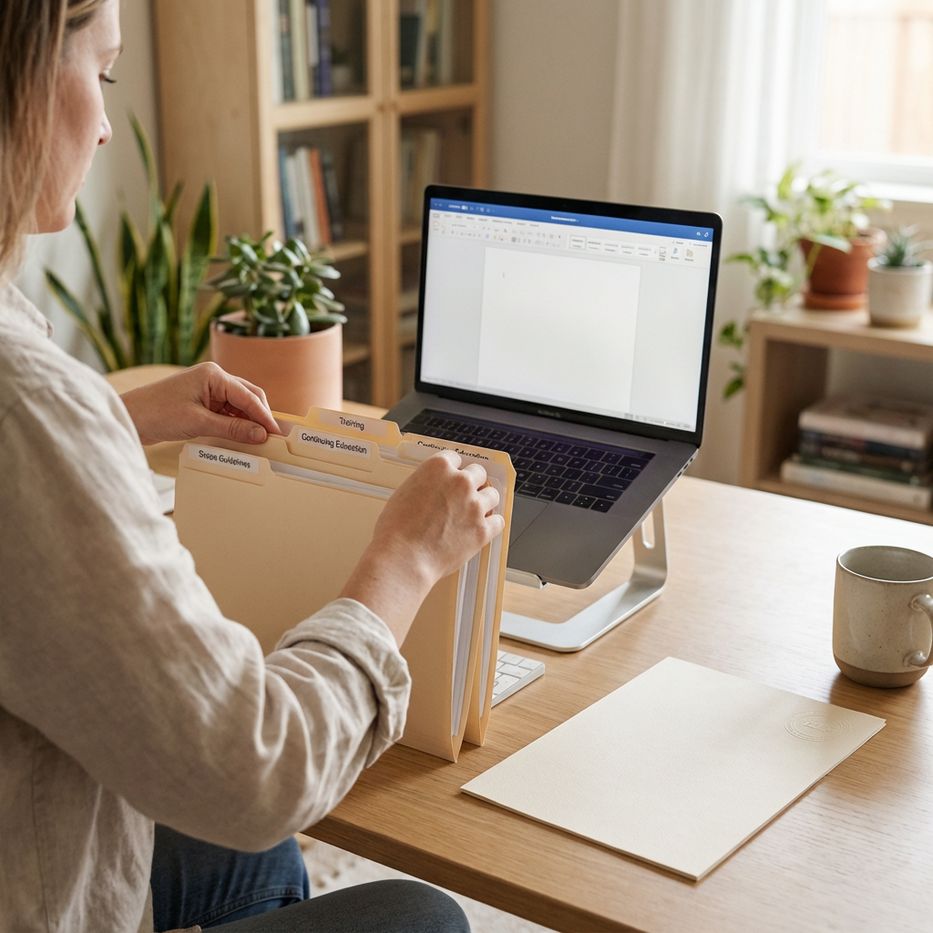 Wellness practitioner organizing training records for non-exam board certification review.