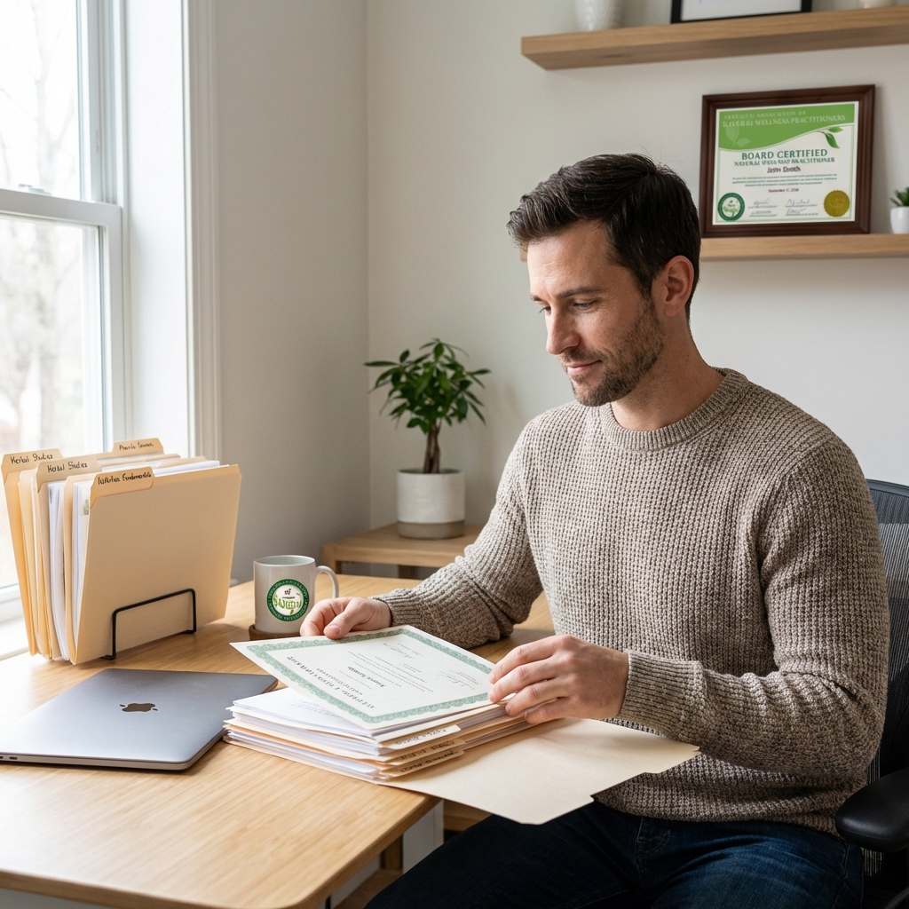 Wellness practitioner reviewing board certification documents at desk.