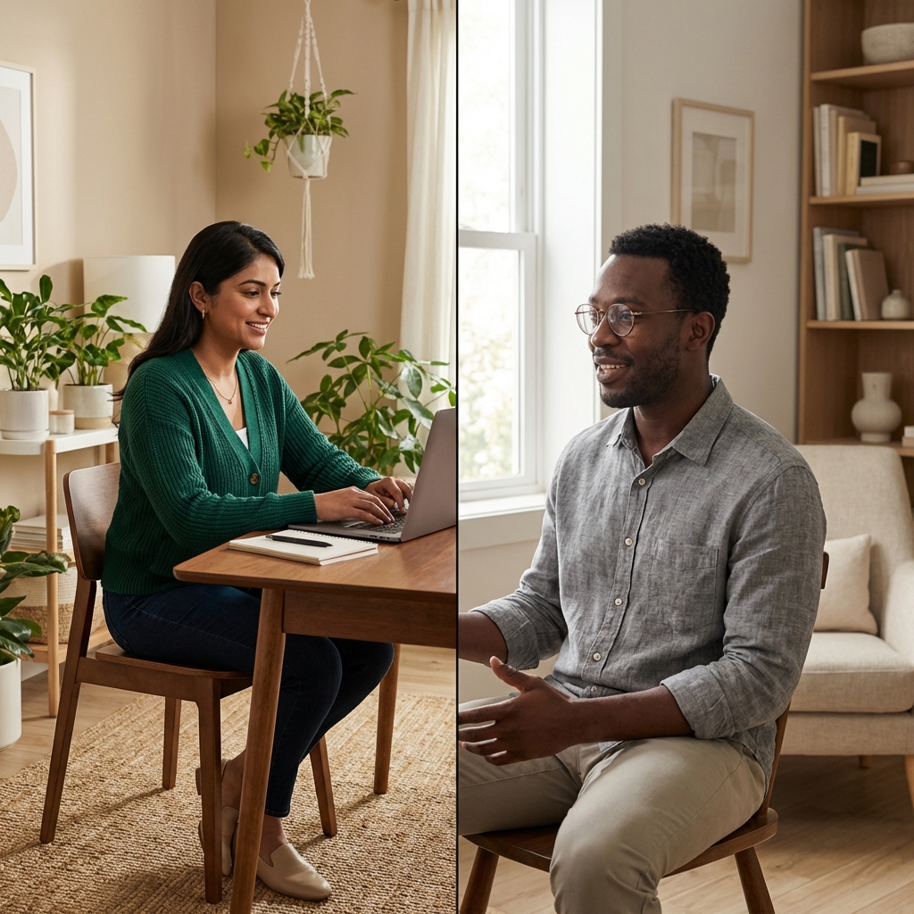 Two wellness professionals discussing standards during a virtual meeting.