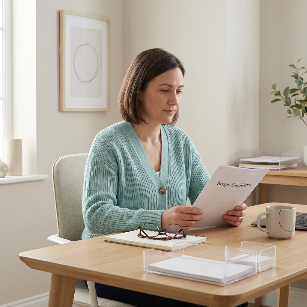 Natural wellness practitioner reviewing scope guidelines for non-exam board certification.