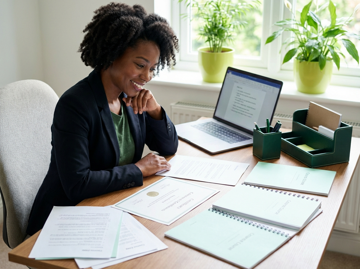Practitioner reviewing certification documents at desk