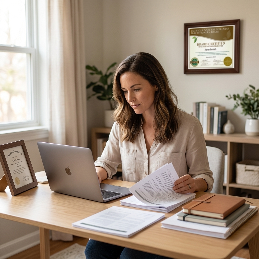 ANWPB exam-based board certification practitioner reviewing professional certification documents at a desk.
