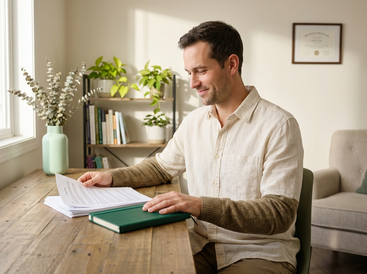 Natural wellness practitioner organizing professional documents