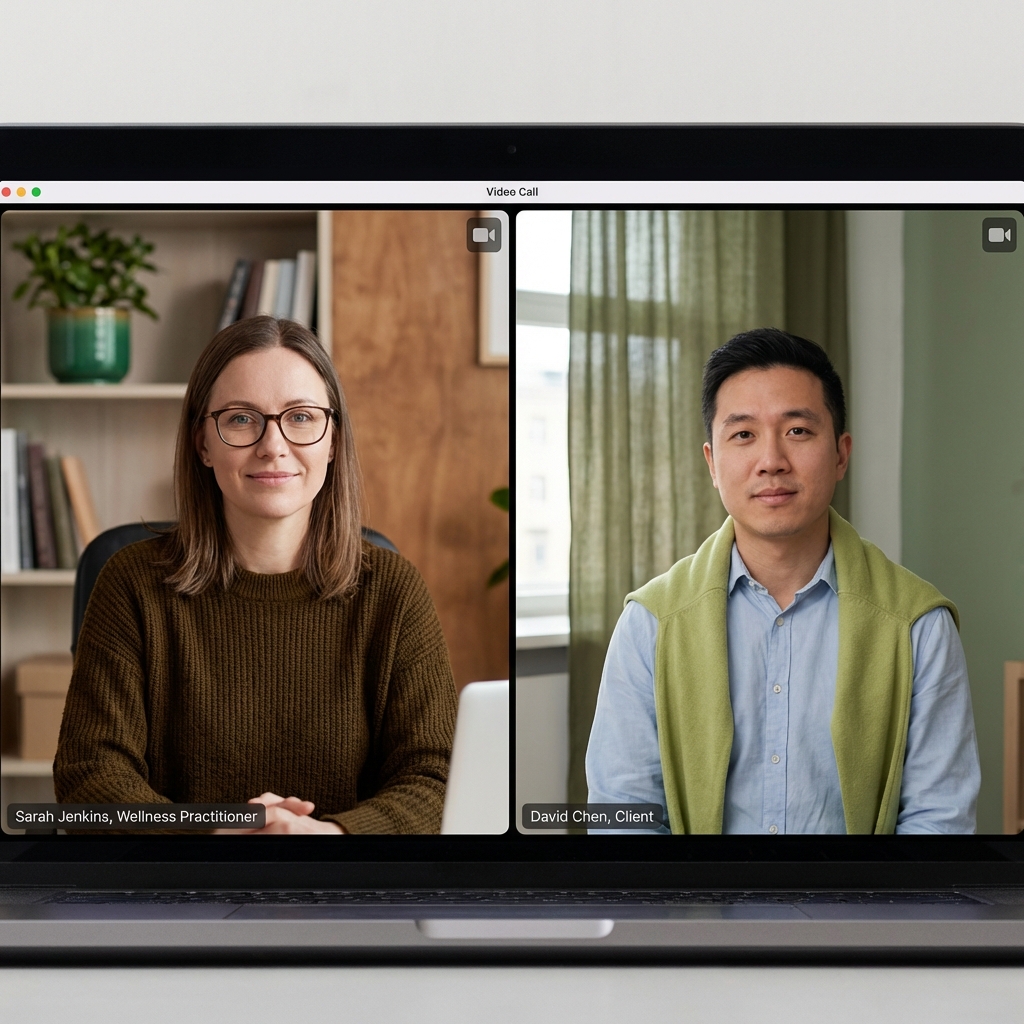 ANWPB board-certified wellness practitioner speaking with a client during an online consultation.