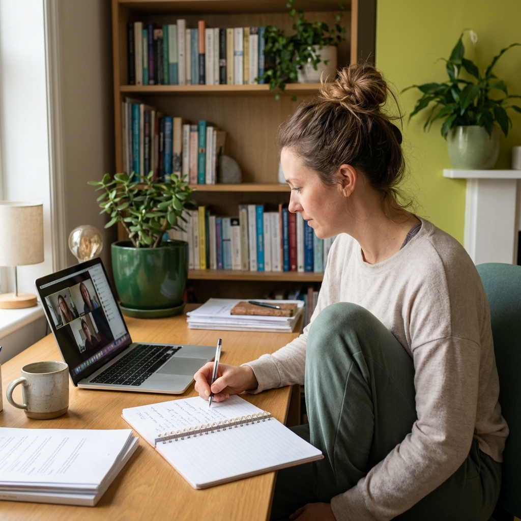 Wellness practitioner attending online training and taking notes for ANWPB exam-based board certification preparation.