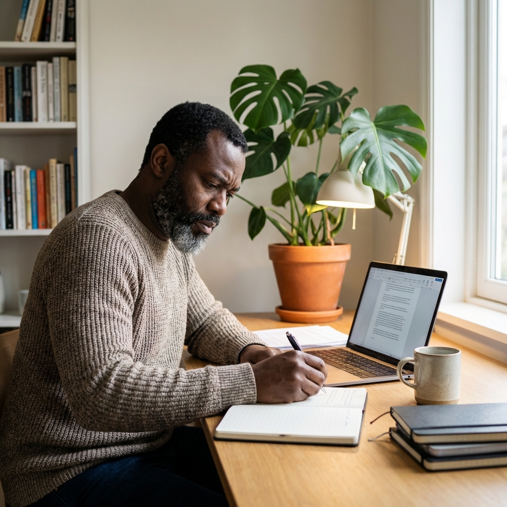 Wellness practitioner studying and writing notes while preparing for ANWPB exam-based board certification.