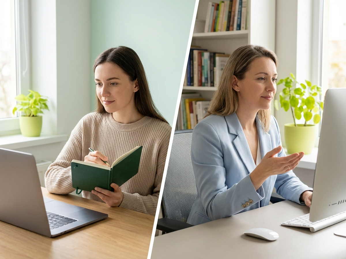 Wellness student studying and practitioner consulting client online