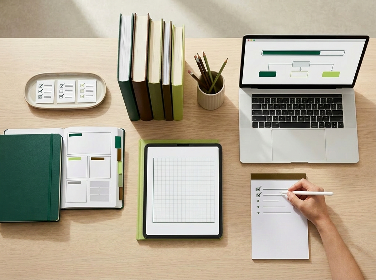 Steps involved in exam-based board certification process shown on organized workspace