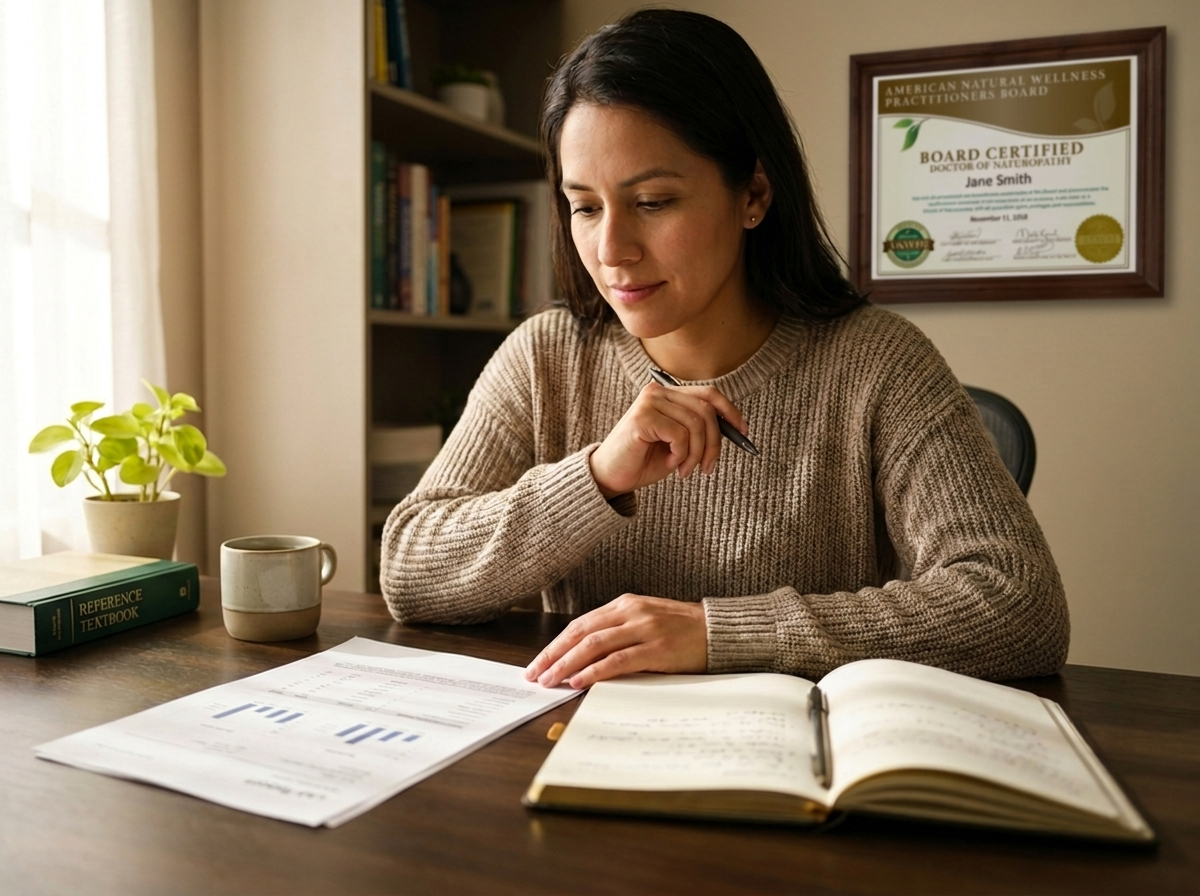 Practitioner at a home office desk reviewing a lab report and intake notes for a chronic inflammation assessment.