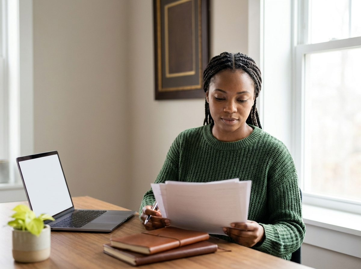 Practitioner reviewing materials for exam-based board certification at home desk