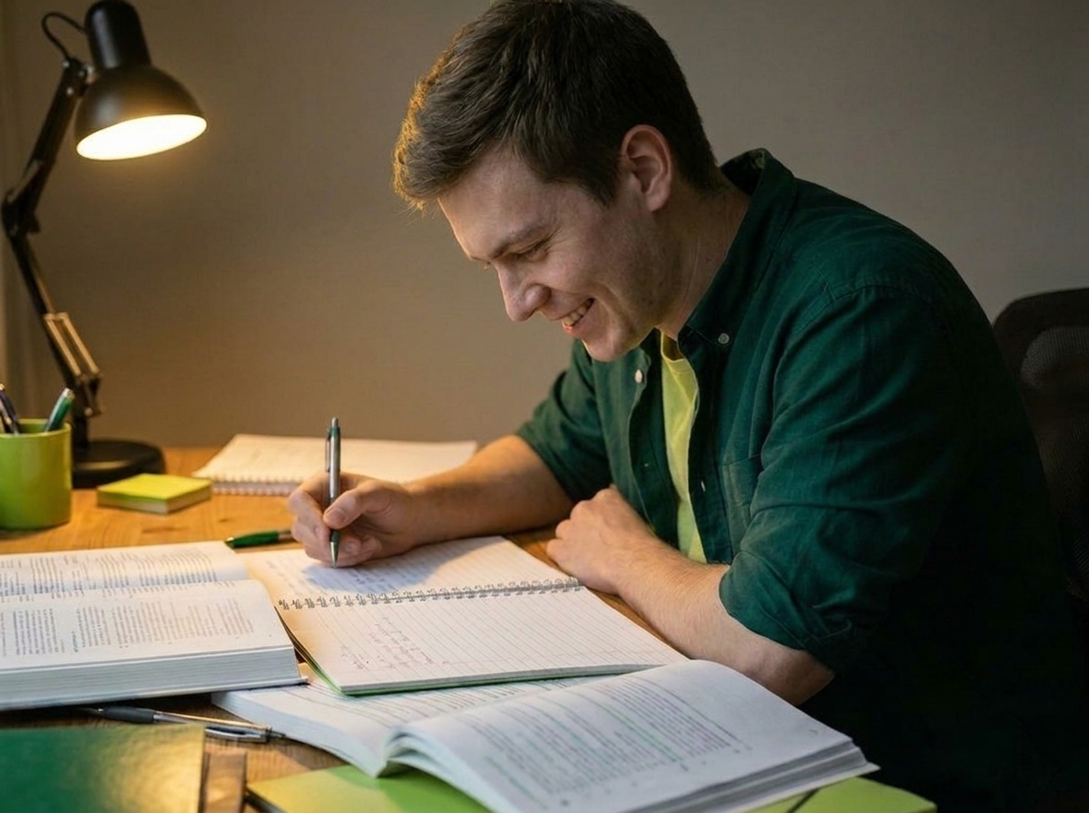 Practitioner studying for exam-based board certification with books and notes