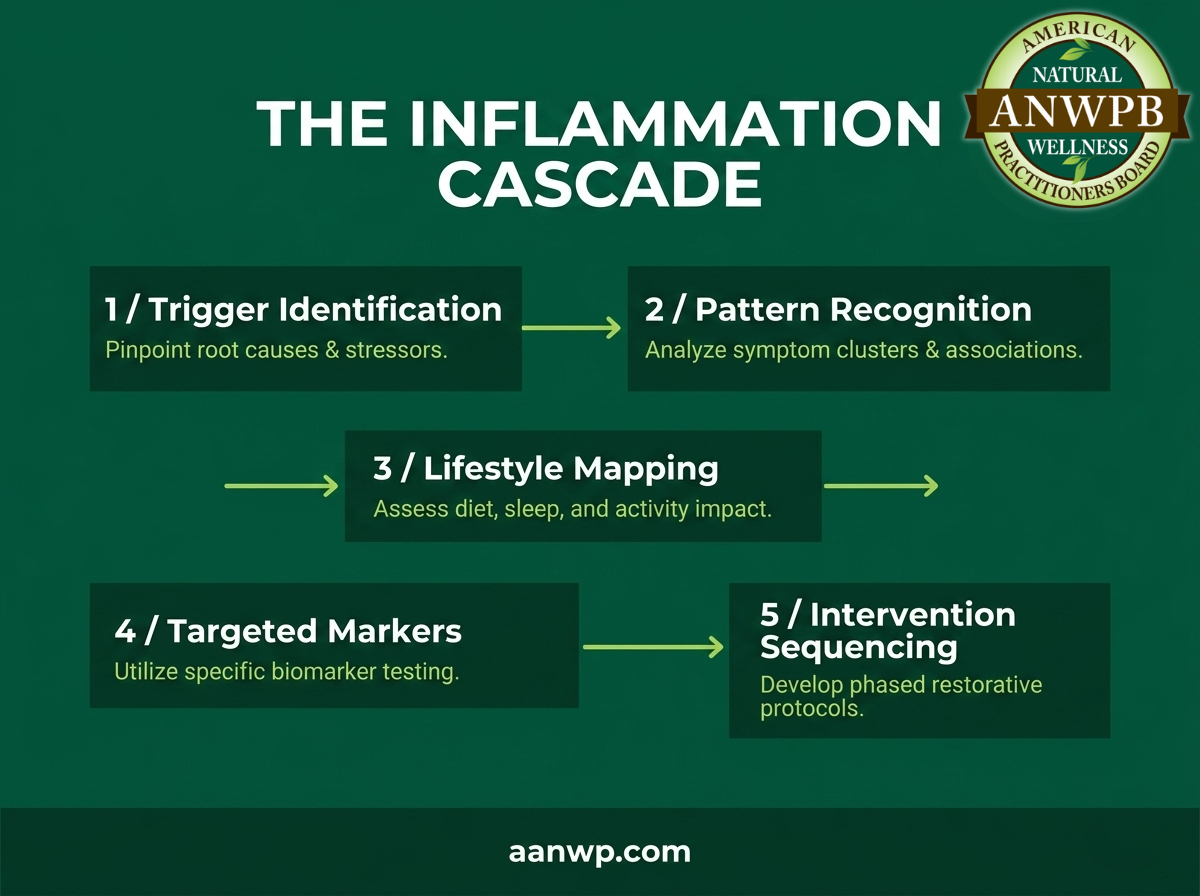 Five-stage infographic showing the inflammation cascade from trigger identification through intervention sequencing for natural wellness practitioner assessment.