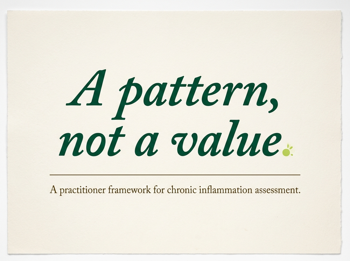 Editorial typographic poster reading 'A pattern, not a value' in Adobe Caslon italic, with a secondary line on chronic inflammation assessment.