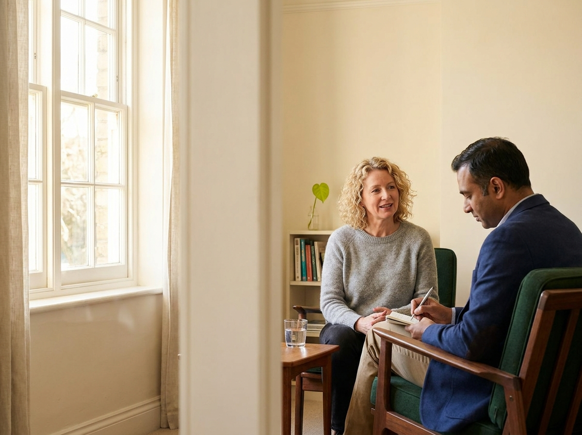 A practitioner takes intake notes during a calm consultation conversation with an adult client in a small professional home office.