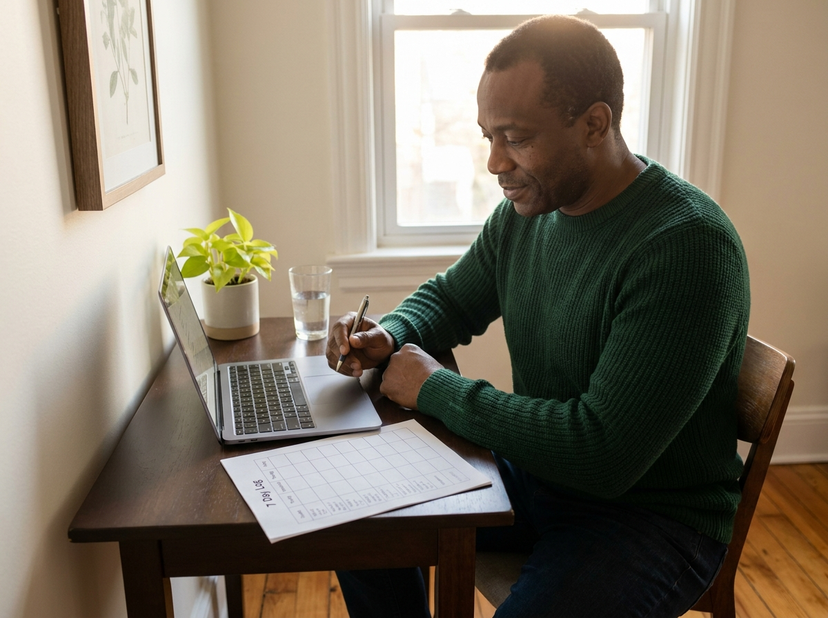 Practitioner at a small home-office desk reviewing the seven-day log alongside a laptop in a calm, focused workspace.