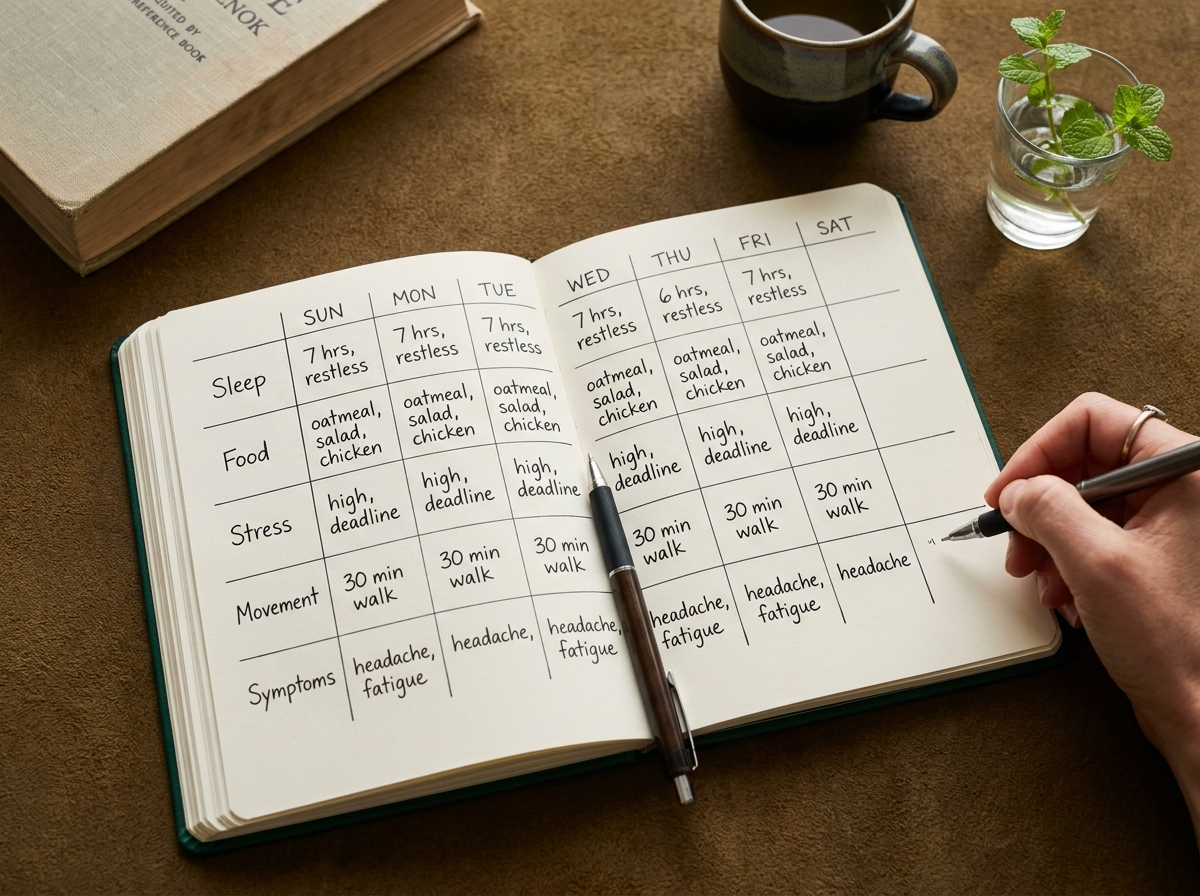 Overhead view of a seven-day input log open on a wooden desk, with sample entries for sleep, food, stress, movement, and symptoms.