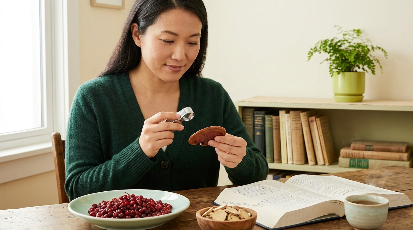 Natural wellness practitioner examining a reishi mushroom slice with a loupe at a study desk, with schisandra berries, eleuthero root, and an open materia medica reference nearby.