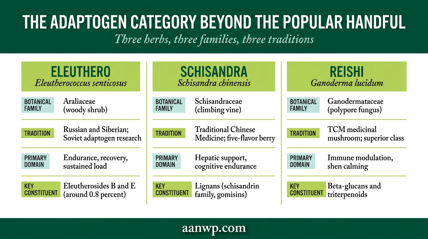 Comparison-table infographic showing eleuthero, schisandra, and reishi by botanical family, tradition, primary clinical domain, and key constituent.