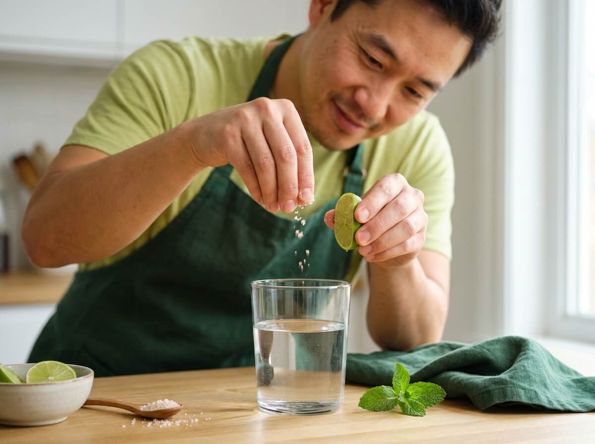 Practitioner adding unrefined salt and citrus to a large glass of water on a kitchen counter.