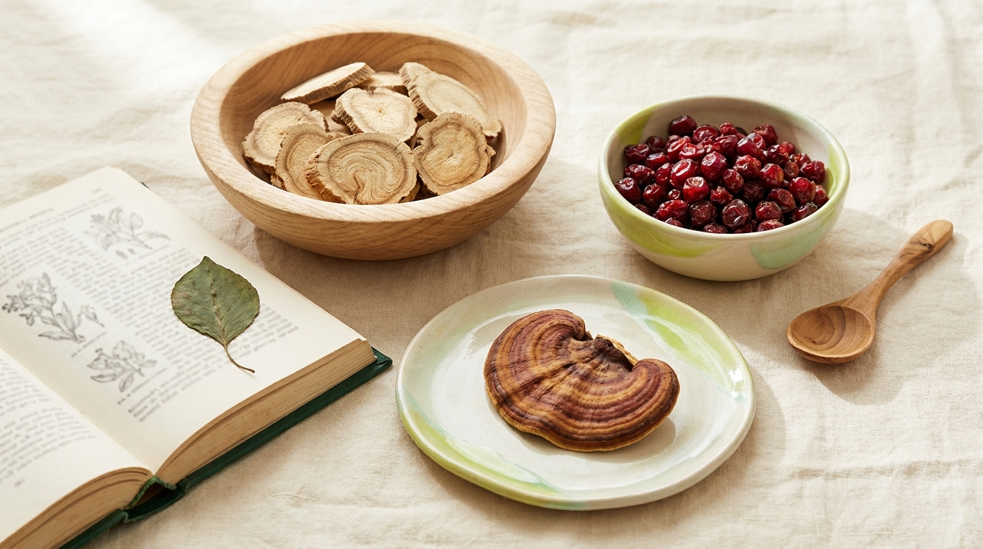 Three small vessels holding eleuthero root, dried schisandra berries, and a slice of reishi mushroom beside an open materia medica reference.