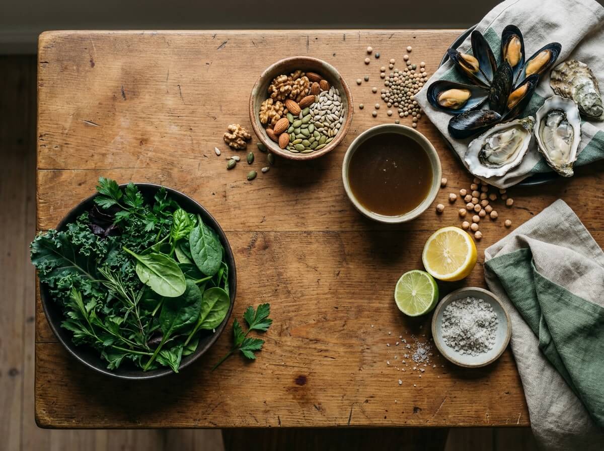 Overhead arrangement of mineral-dense whole foods including greens, nuts, seeds, broth, and unrefined salt.