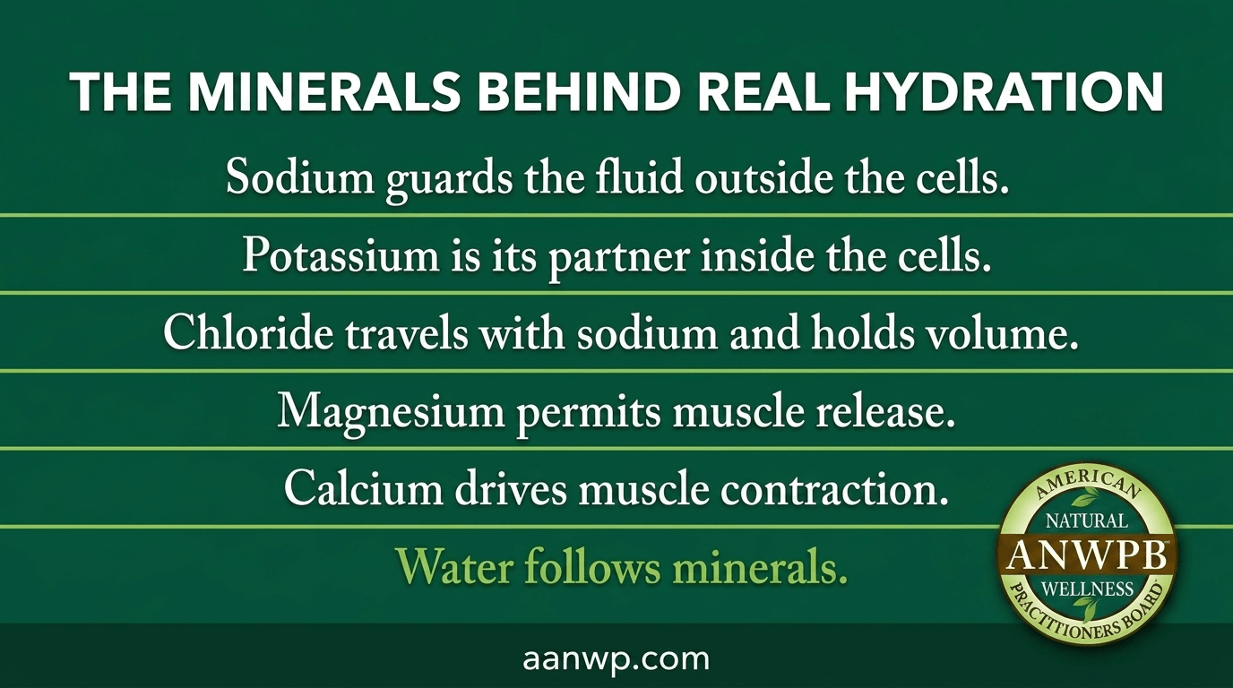 Quick-reference card naming sodium, potassium, chloride, magnesium, and calcium and the role each plays in hydration.