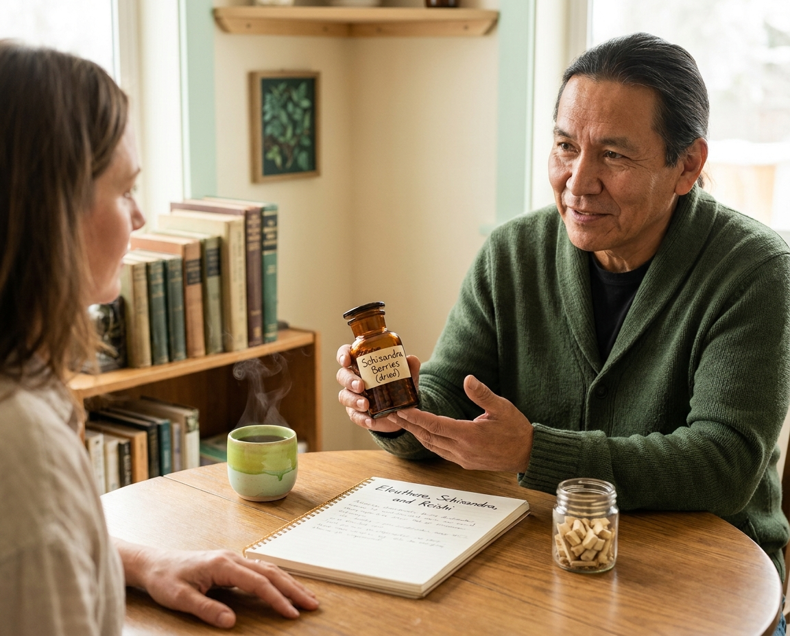 Natural wellness practitioner showing a client a small jar of dried schisandra berries at a wooden table, with eleuthero specimens and an herb-notes notebook between them.