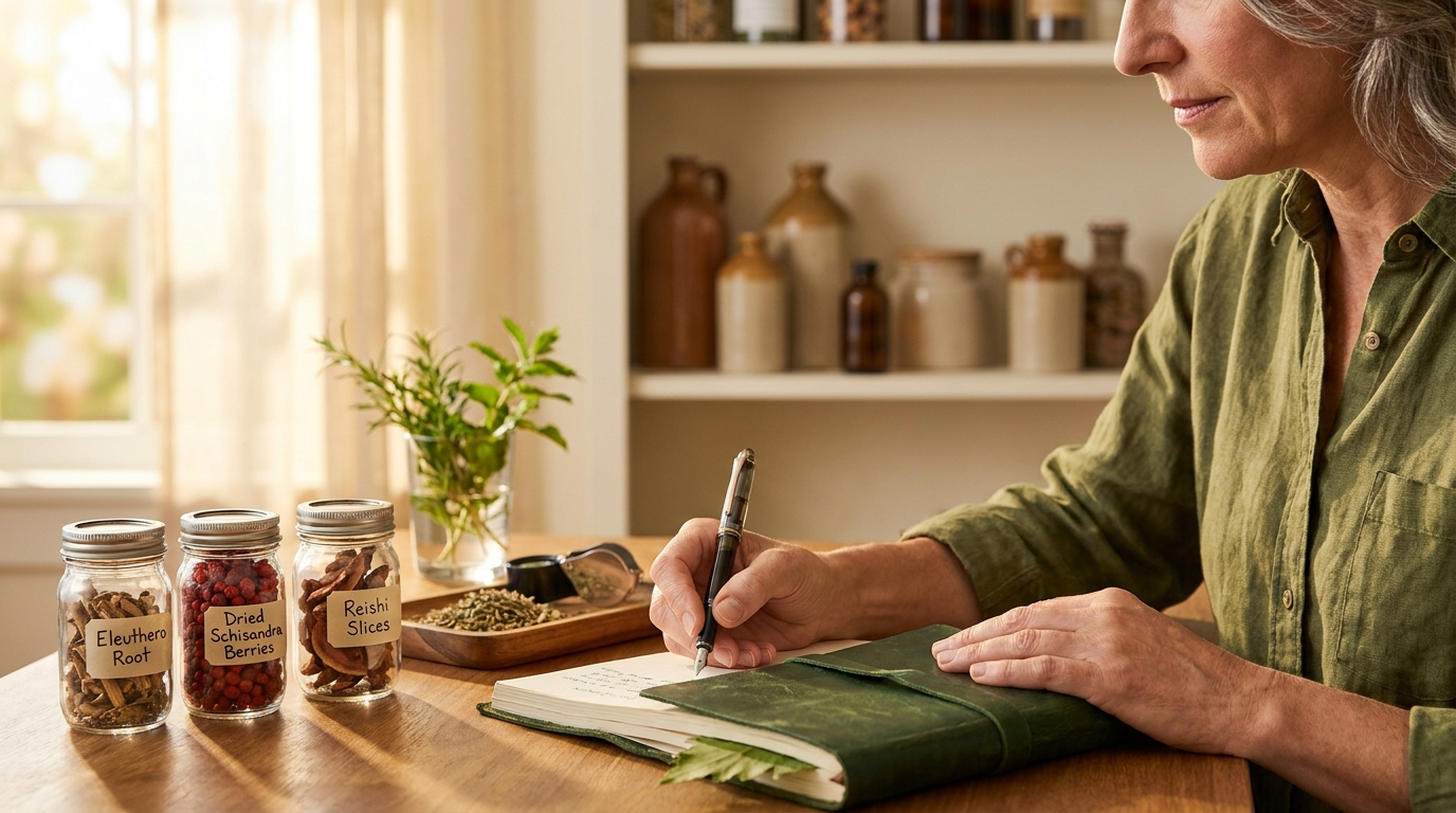 A natural wellness practitioner reading a research paper on a tablet at a quiet desk, with a cup of reishi tea and dried specimens of schisandra and reishi nearby.