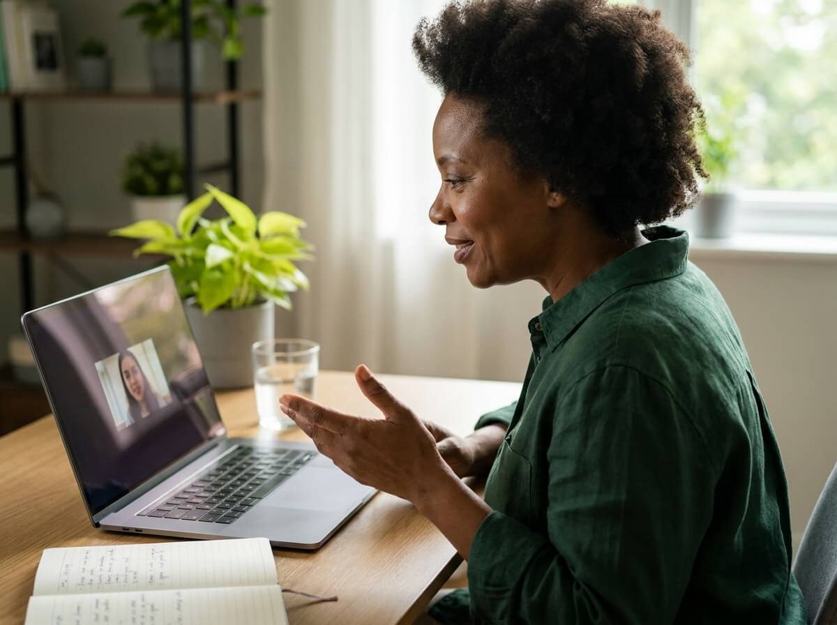 Practitioner on a video call explaining mineral-aware hydration to a client shown on a laptop screen.