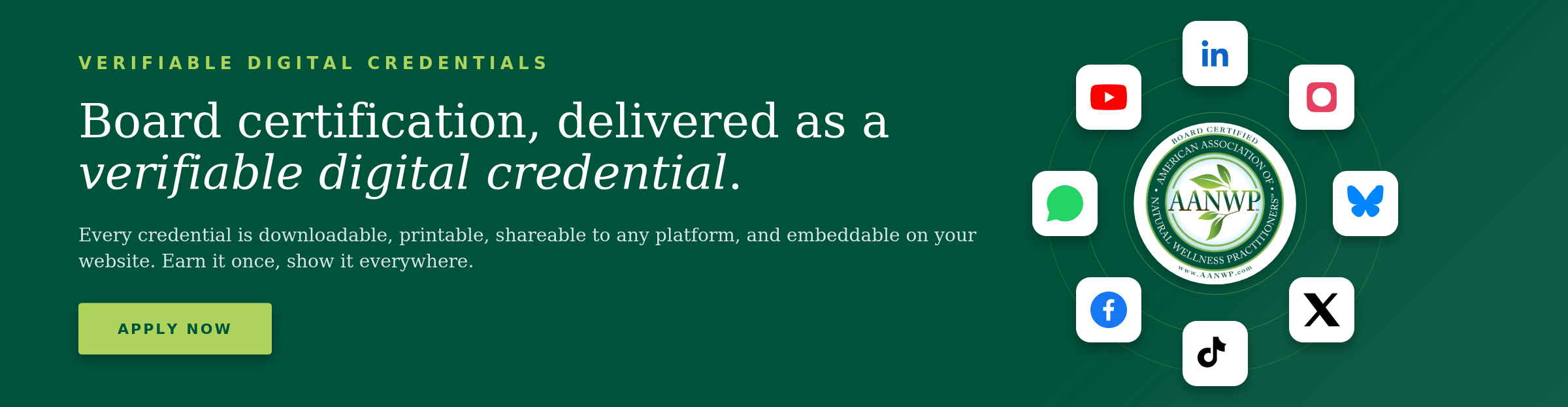 AANWP Board Certified Natural Wellness Practitioner digital credential with online verification and social sharing.