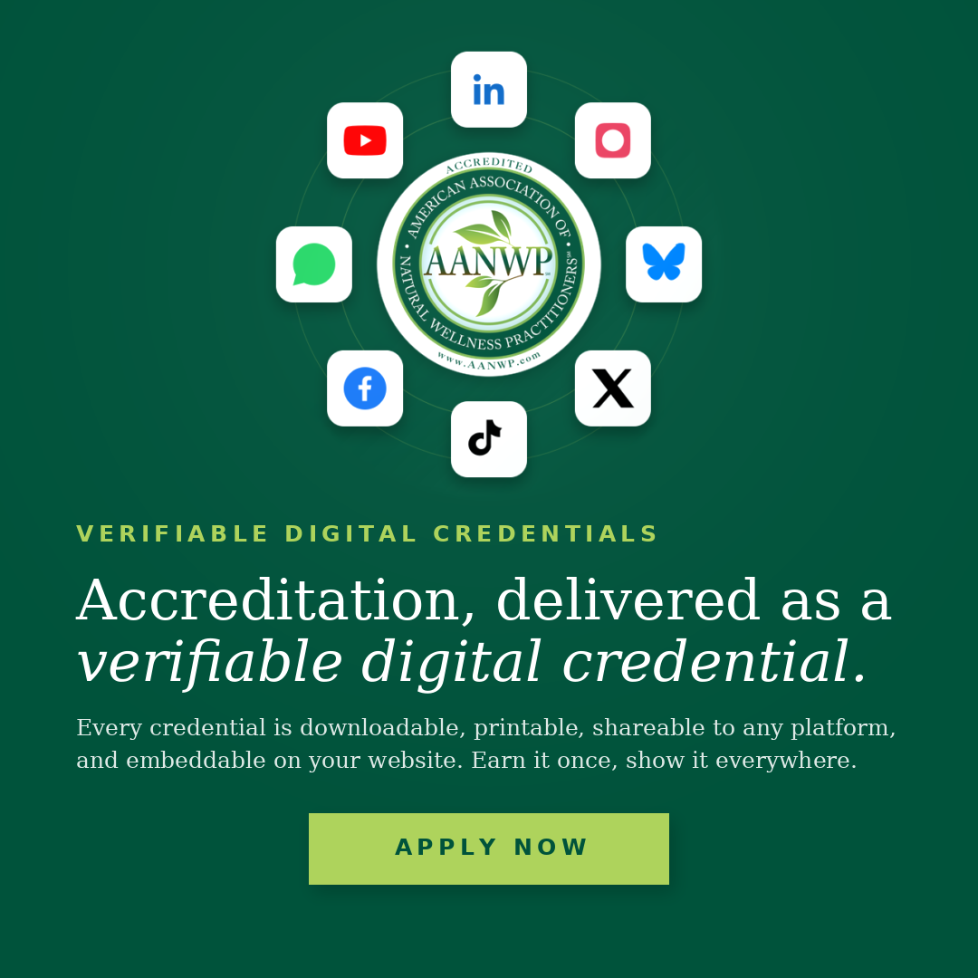 AANWP accredited digital credential surrounded by social media platform icons for online credential sharing