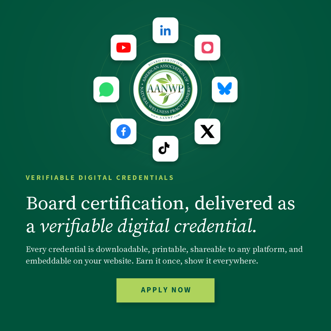 AANWP Board Certified Natural Wellness Practitioner digital credential with online verification and social sharing.