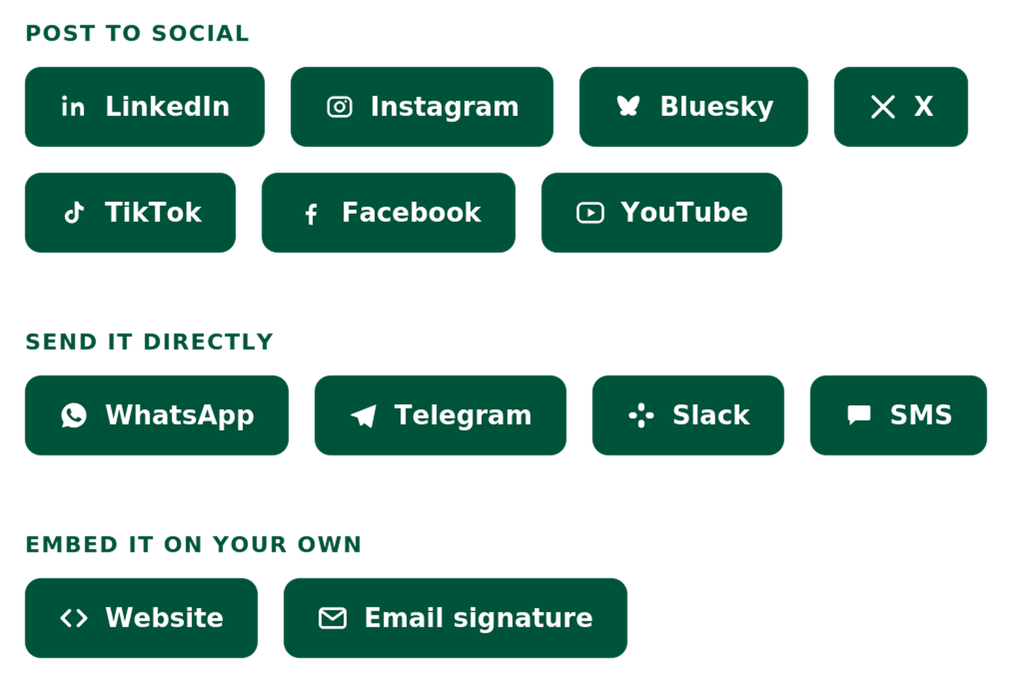 Accredible sharing panel with options for LinkedIn, Instagram, Facebook, YouTube, TikTok, website embedding, email signatures, messaging apps, and SMS