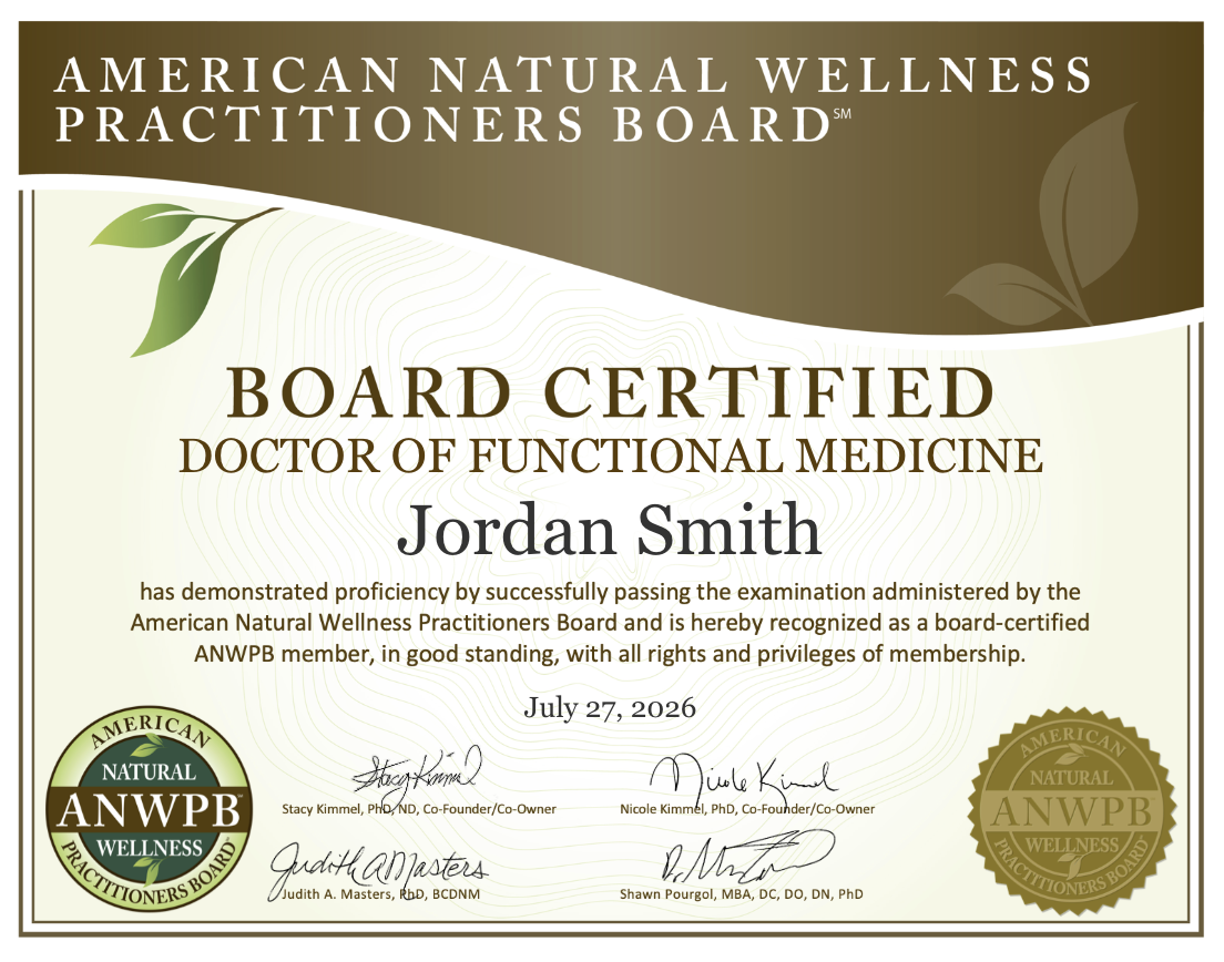 **Digital Board Certified Doctor of Functional Medicine certificate from the American Natural Wellness Practitioners Board.