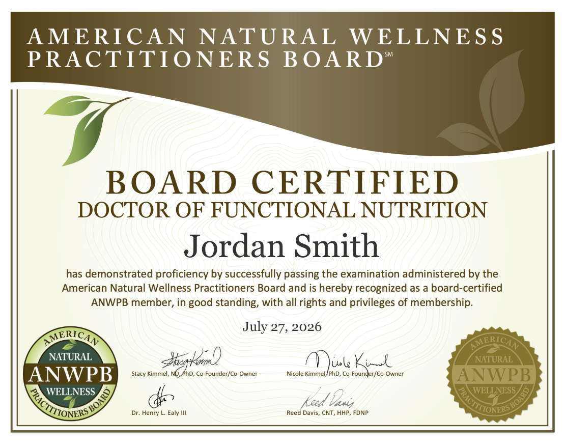 Digital ANWPB Nutrition Board Certification Credential **Digital Board Certified Doctor of Functional Nutrition certificate issued by ANWPB.