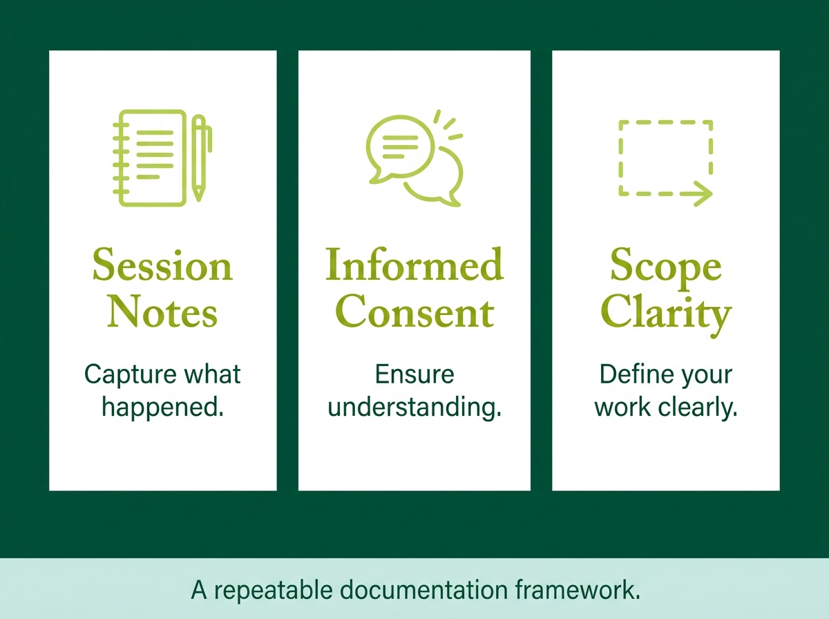 The Three Pillars of Documentation Infographic showing session notes, informed consent, and scope clarity for natural health practitioner documentation.