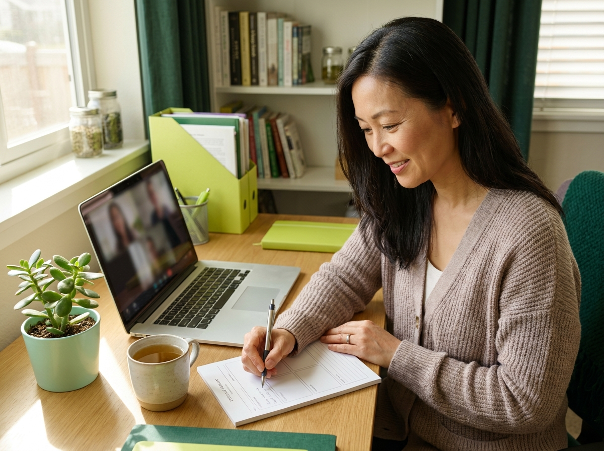 Building a Consistent Documentation Habit Natural health practitioner completing session notes after an online client meeting.