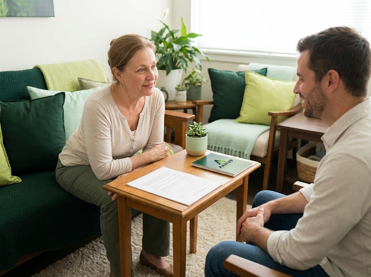 Consent as a Conversation Practitioner talking a new client through a short consent document at a table.