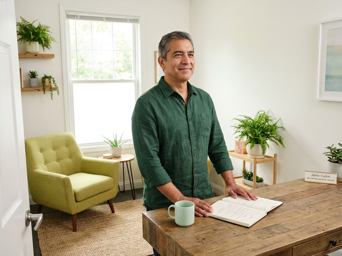 Confidence Through Organized Records Natural health practitioner reviewing organized client notes before the next appointment.