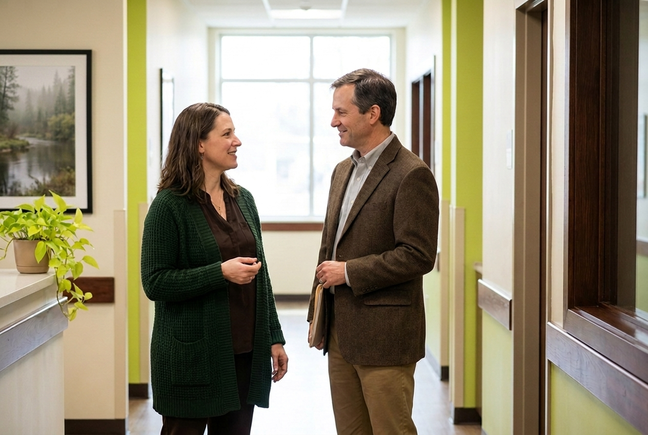 A natural wellness practitioner and a physician have a brief, cordial professional exchange in a hallway.