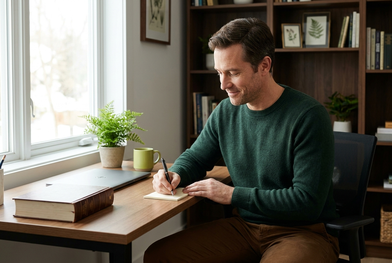 A natural wellness practitioner writes a short referral note by hand at a tidy professional desk.