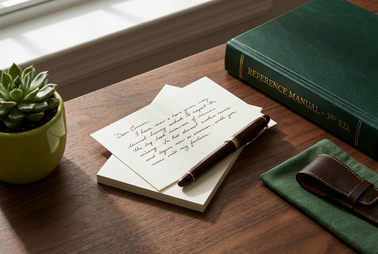 A neatly handwritten note card, a fountain pen, and a closed reference book on a warm wooden desk.