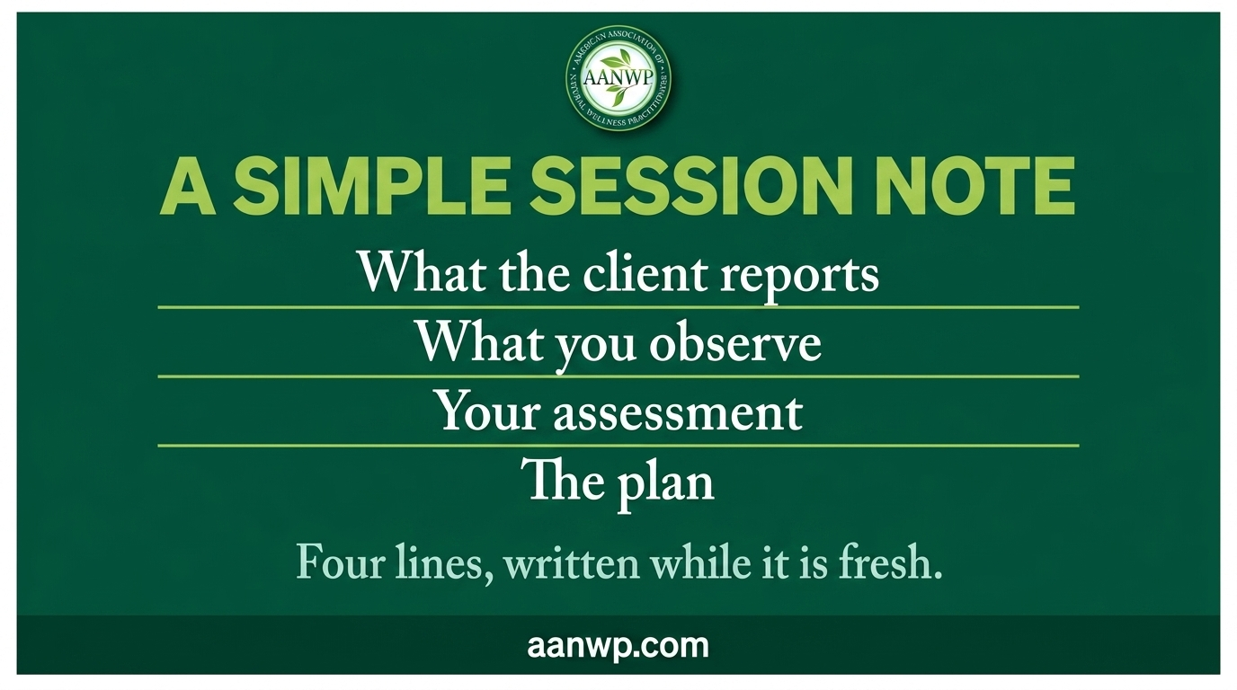 A Simple Session Note: The Four Parts Quick-reference card showing the four parts of a simple session note.