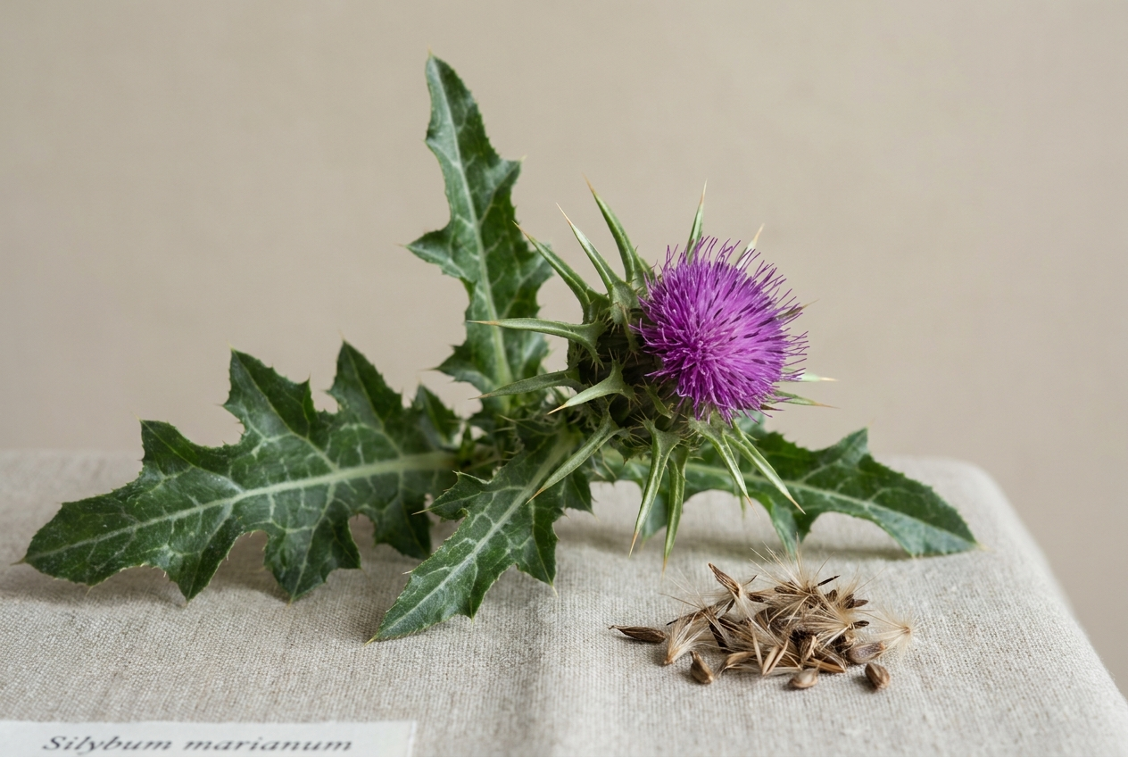 A milk thistle plant with spiny leaves and a purple flower head beside a few dried seeds.