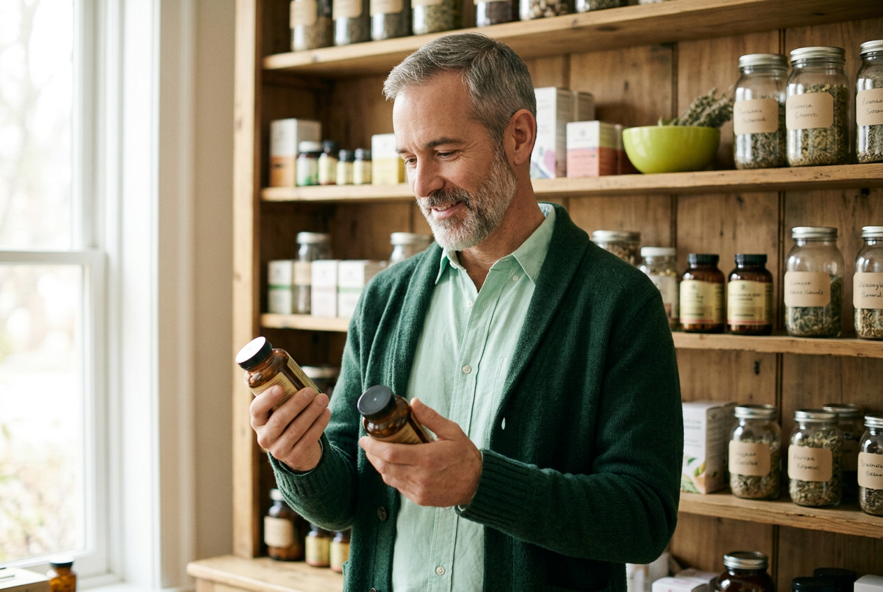 A practitioner compares two standardized supplement bottles at an apothecary shelf.