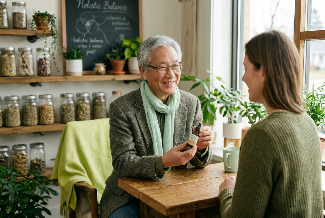 A natural wellness practitioner explains milk thistle to a client across a warm wooden table.