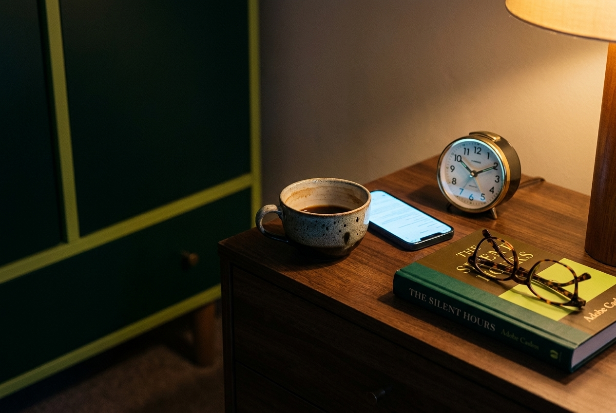 Nightstand at bedtime with a coffee cup, a glowing phone screen, an analogue clock, and a closed paperback.