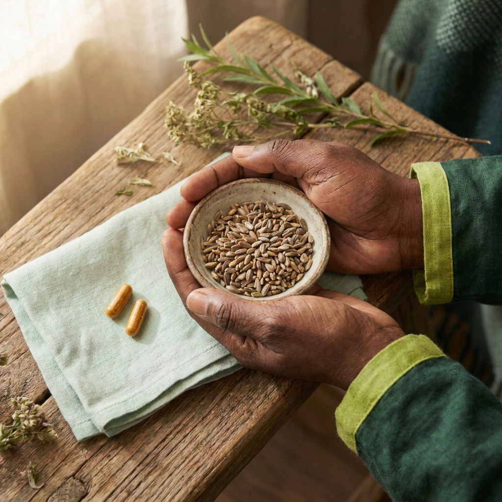 A practitioner’s hands hold a small dish of milk thistle seeds beside amber capsules on a wooden bench.